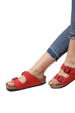Load image into Gallery viewer, Unisex Anatomical Natural Footbed Double Band Red Leather Slippers