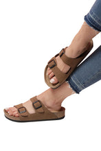 Load image into Gallery viewer, Unisex Anatomical Natural Footbed Double Band Sand Beige Leather Slippers