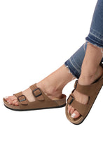 Load image into Gallery viewer, Unisex Anatomical Natural Footbed Double Band Sand Beige Leather Slippers