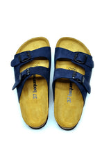 Load image into Gallery viewer, Unisex Anatomical Natural Footbed Double Band Navy Blue Leather Slippers