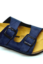 Load image into Gallery viewer, Unisex Anatomical Natural Footbed Double Band Navy Blue Leather Slippers