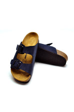 Load image into Gallery viewer, Unisex Anatomical Natural Footbed Double Band Navy Blue Leather Slippers