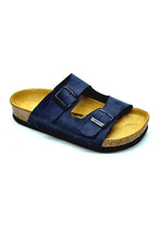 Load image into Gallery viewer, Unisex Anatomical Natural Footbed Double Band Navy Blue Leather Slippers