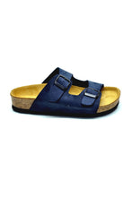 Load image into Gallery viewer, Unisex Anatomical Natural Footbed Double Band Navy Blue Leather Slippers