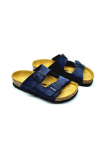 Load image into Gallery viewer, Unisex Anatomical Natural Footbed Double Band Navy Blue Leather Slippers