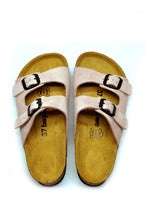 Load image into Gallery viewer, Women&#39;s Anatomical Natural Footbed Double Band Powder Rose Leather Slippers