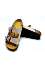 Load image into Gallery viewer, Women&#39;s Anatomical Natural Footbed Double Band Powder Rose Leather Slippers