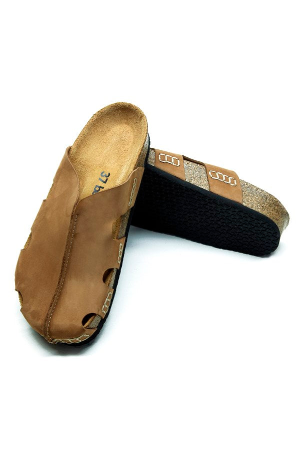 Unisex Anatomical Natural Footbed Sand Beige Leather Slippers