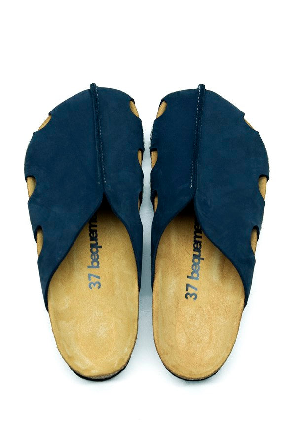Unisex Anatomical Natural Footbed Navy Blue Leather Slippers