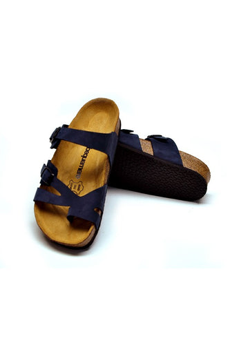 Women's Anatomical Natural Footbed Navy Blue Leather Slippers