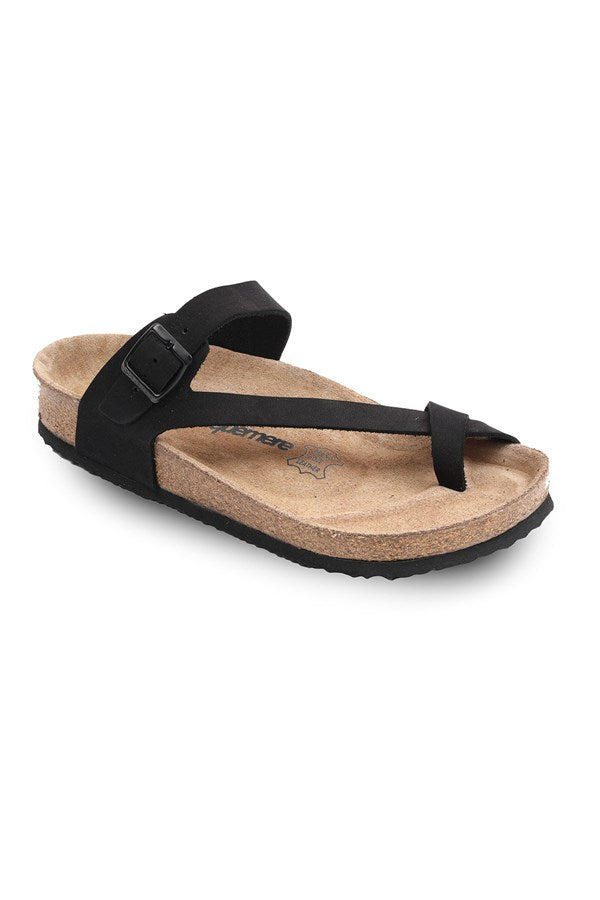 Women's Anatomical Natural Footbed Black Leather Slippers