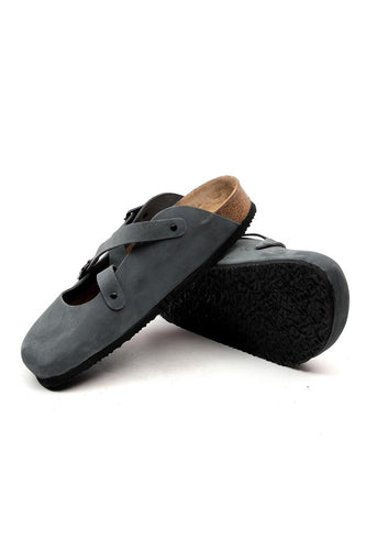 Women's Anatomical Natural Footbed Navy Blue Leather Slippers