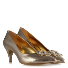 Load image into Gallery viewer, Women&#39;s Gemmed Gold Low Heeled Shoes