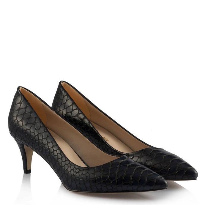 Women's Navy Blue Crocodile Low Heeled Stiletto Shoes