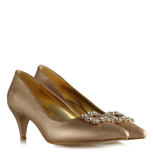Load image into Gallery viewer, Women&#39;s Gemmed Buckle Matte Gold Heeled Shoes