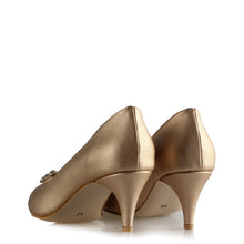 Load image into Gallery viewer, Women&#39;s Gemmed Buckle Matte Gold Heeled Shoes