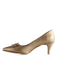Load image into Gallery viewer, Women&#39;s Gemmed Buckle Matte Gold Heeled Shoes