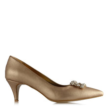 Load image into Gallery viewer, Women&#39;s Gemmed Buckle Matte Gold Heeled Shoes