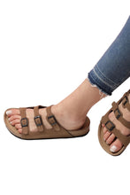 Load image into Gallery viewer, Unisex Anatomical Natural Footbed Multi-Band Sand Beige Leather Slippers