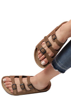 Load image into Gallery viewer, Unisex Anatomical Natural Footbed Multi-Band Sand Beige Leather Slippers