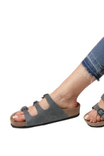 Load image into Gallery viewer, Unisex Anatomical Natural Footbed Multi-Band Navy Blue Leather Slippers