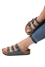 Load image into Gallery viewer, Unisex Anatomical Natural Footbed Multi-Band Navy Blue Leather Slippers