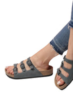 Load image into Gallery viewer, Unisex Anatomical Natural Footbed Multi-Band Navy Blue Leather Slippers