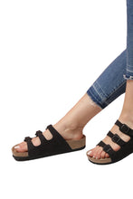 Load image into Gallery viewer, Unisex Anatomical Natural Footbed Multi-Band Black Leather Slippers