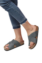 Load image into Gallery viewer, Women&#39;s Anatomical Natural Footbed Navy Blue Leather Slippers