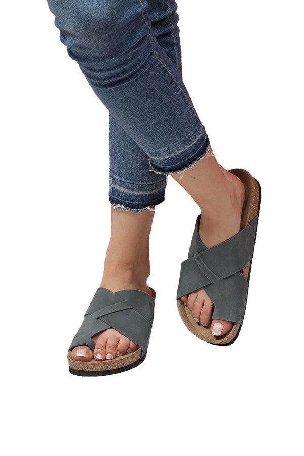 Women's Anatomical Natural Footbed Navy Blue Leather Slippers